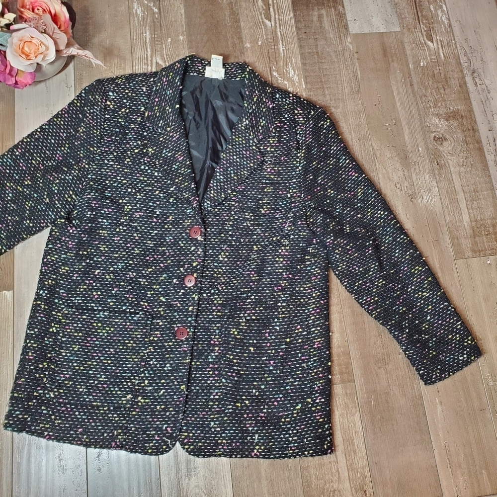 Newport News Black Pebbled Tweed Lined Blazer with Pockets Women's Size 16 - Picture 13 of 17